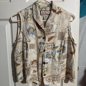 Jamaica Bay Women’s Sleeveless Floral Print Button-Front Top - Cream/Blue